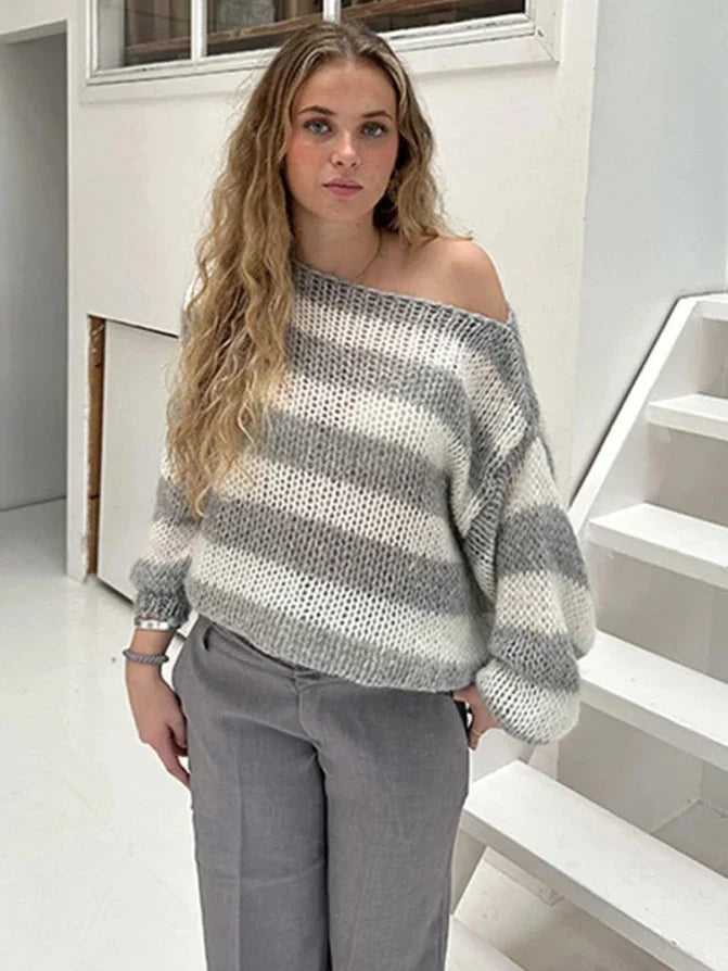 Pull Femme Oversize Rayé Rose en Maille Légère à Poignets Resserrés