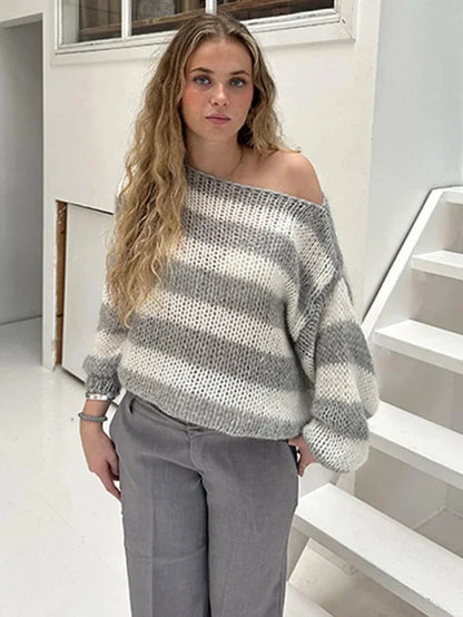 Pull Femme Oversize Rayé Rose en Maille Légère à Poignets Resserrés