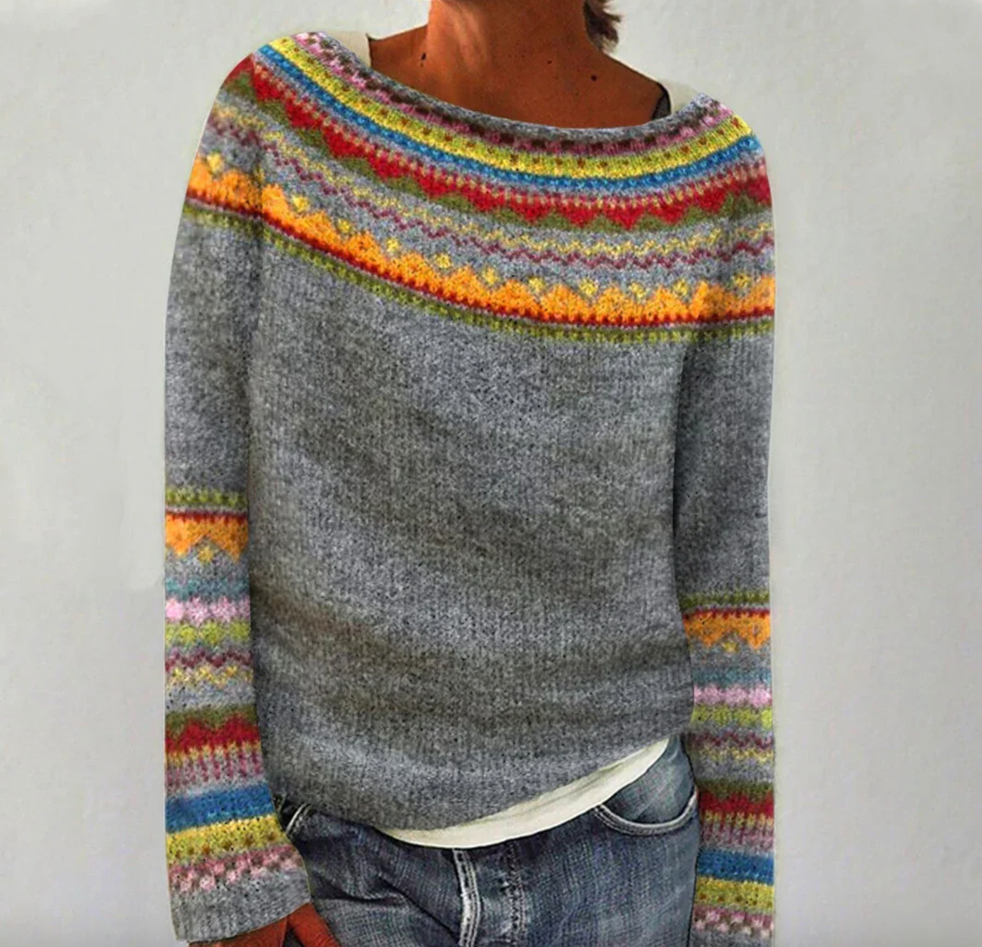 Pull Femme Ample Coloré à Motif Scandinave en Matière Douce