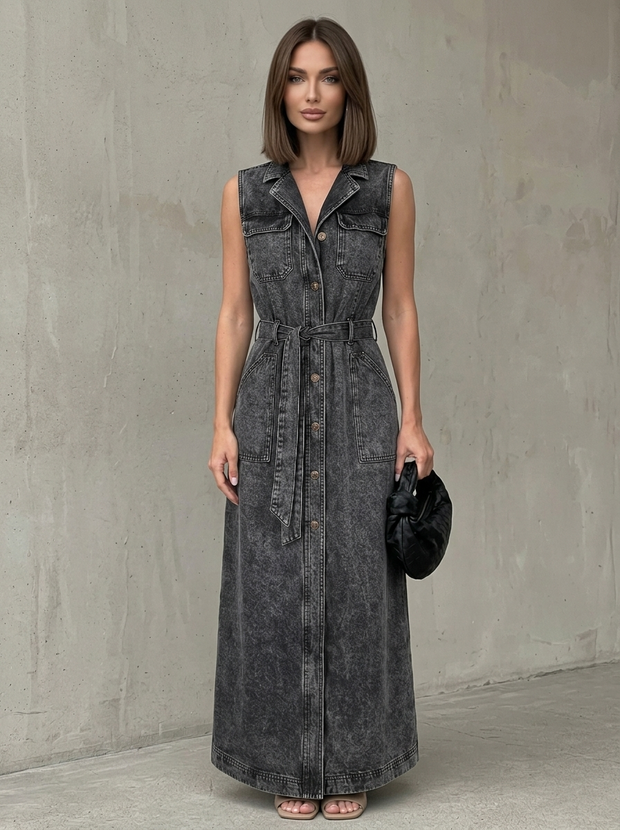 Robe Maxi Femme en Denim à Coupe Longue