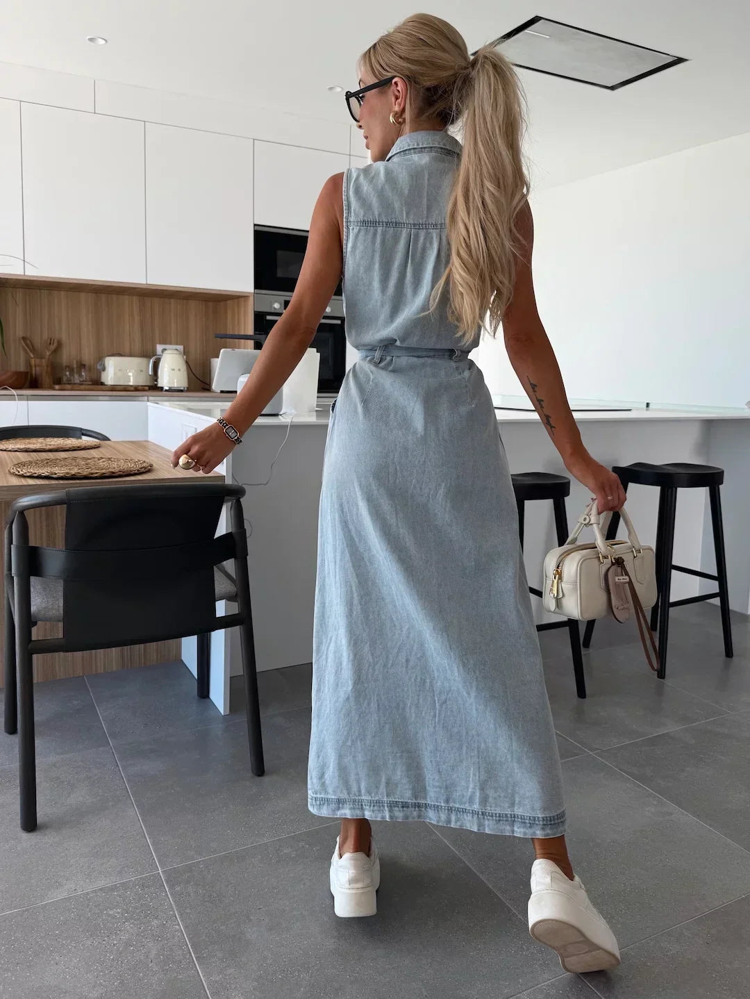 Robe Maxi Femme en Denim à Coupe Longue