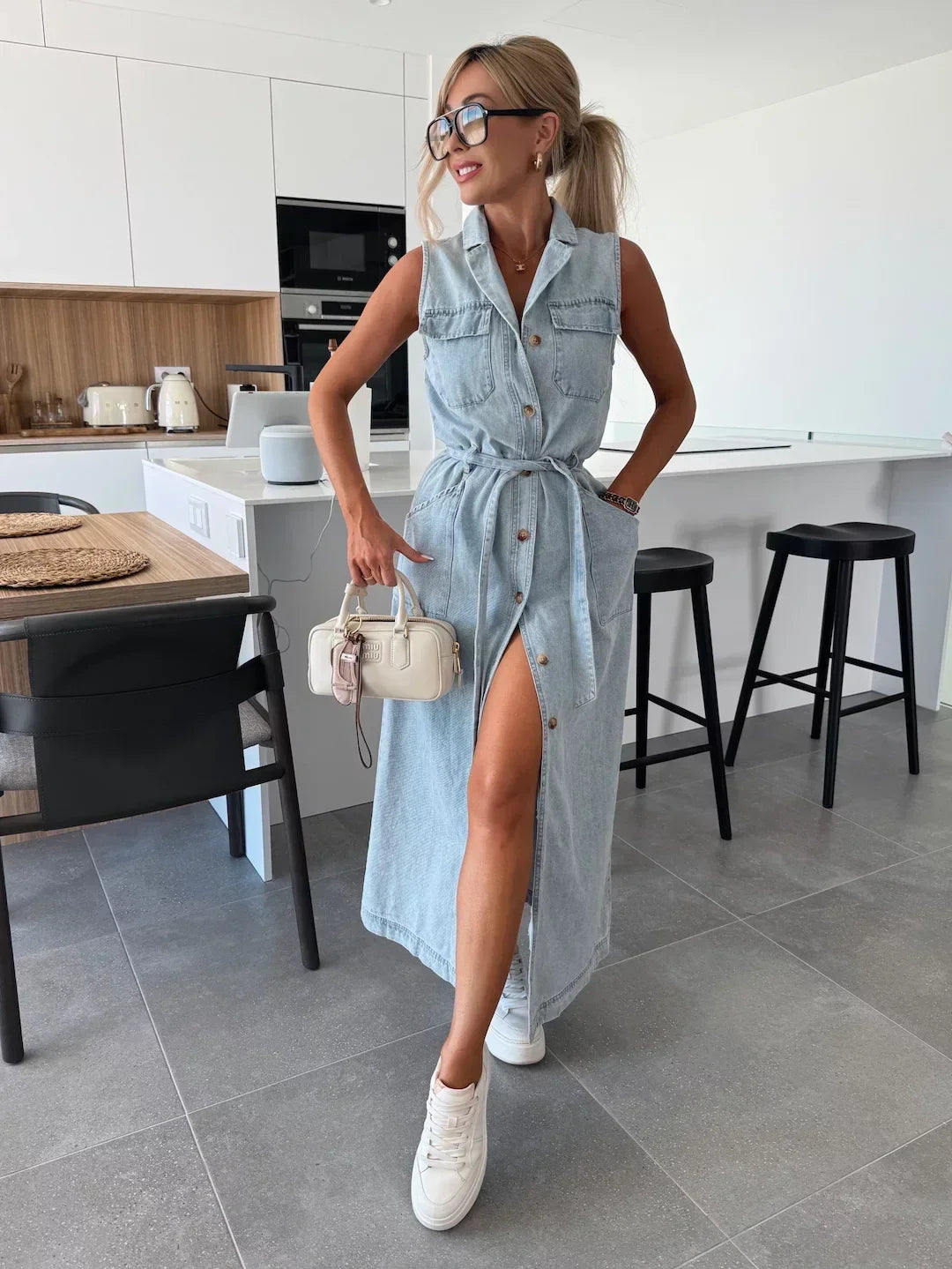 Robe Maxi Femme en Denim à Coupe Longue
