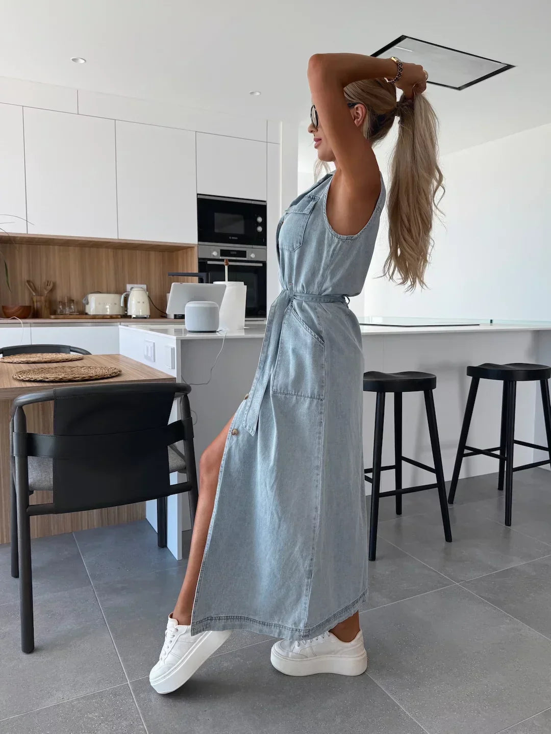 Robe Maxi Femme en Denim à Coupe Longue