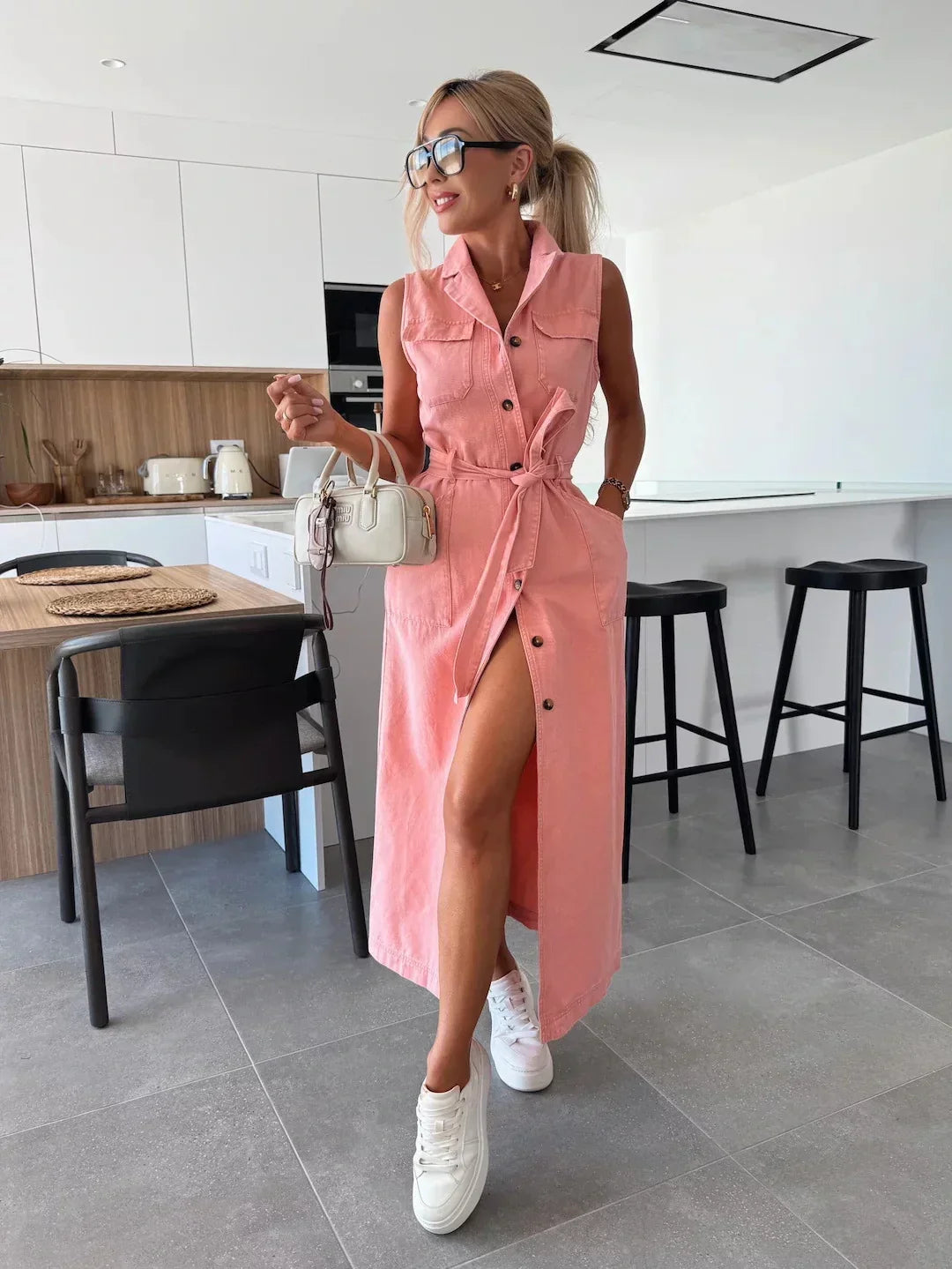Robe Maxi Femme en Denim à Coupe Longue