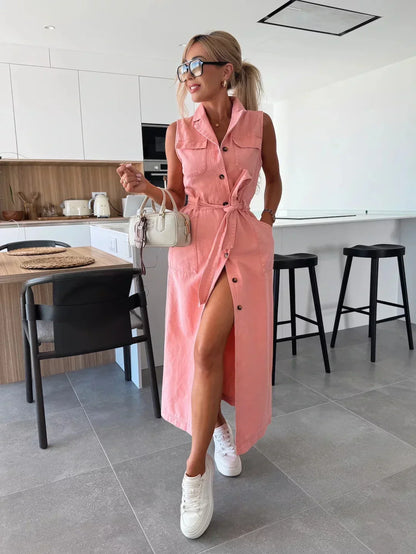 Robe Maxi Femme en Denim à Coupe Longue