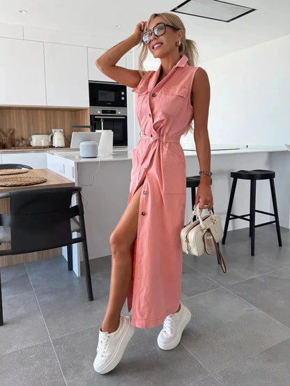 Robe Maxi Femme en Denim à Coupe Longue