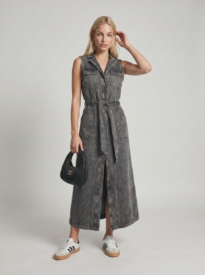 Robe Maxi Femme en Denim à Coupe Longue