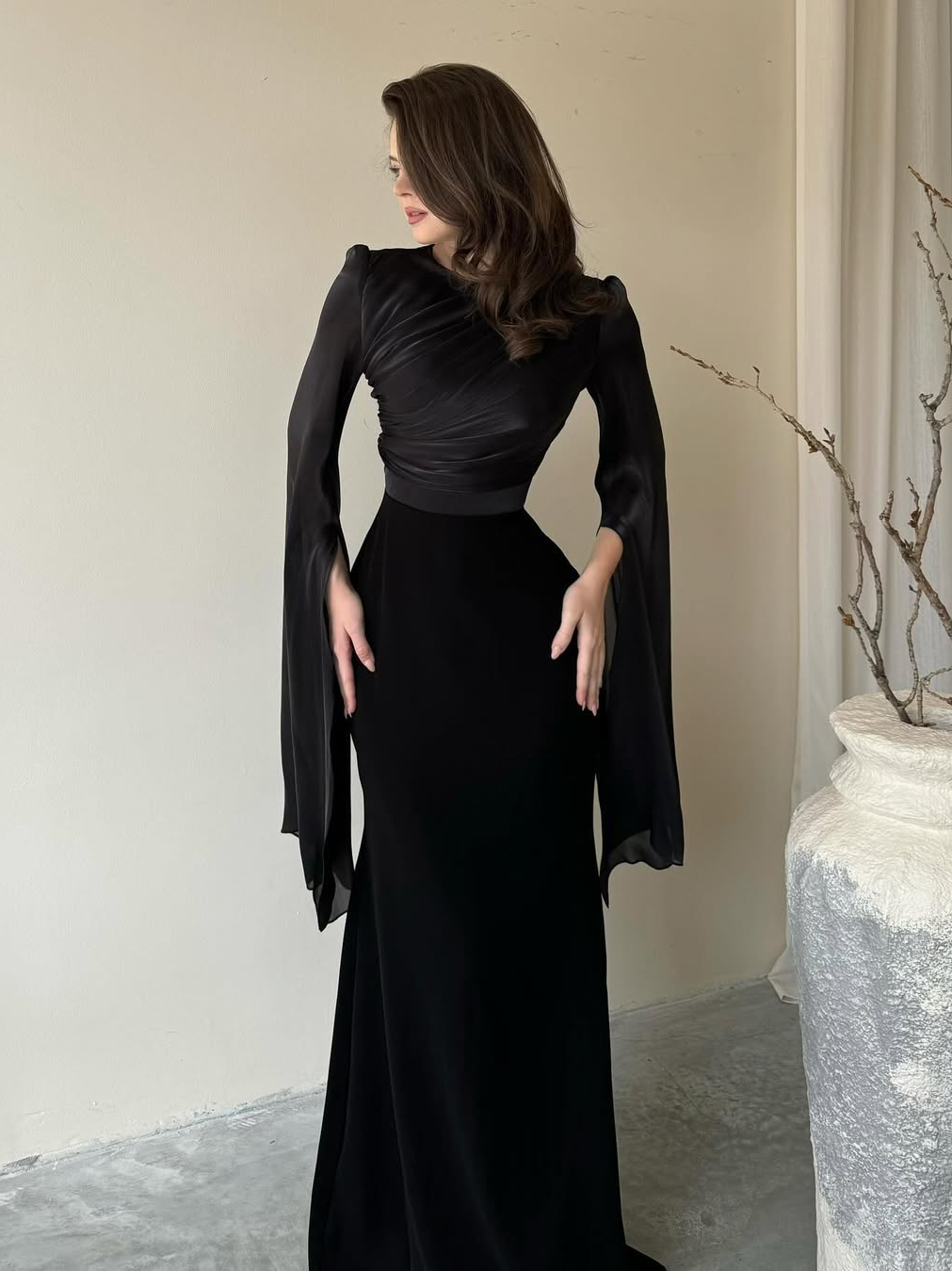 Robe Maxi Femme Plissée à Coupe Ajustée en Tissu Tissé