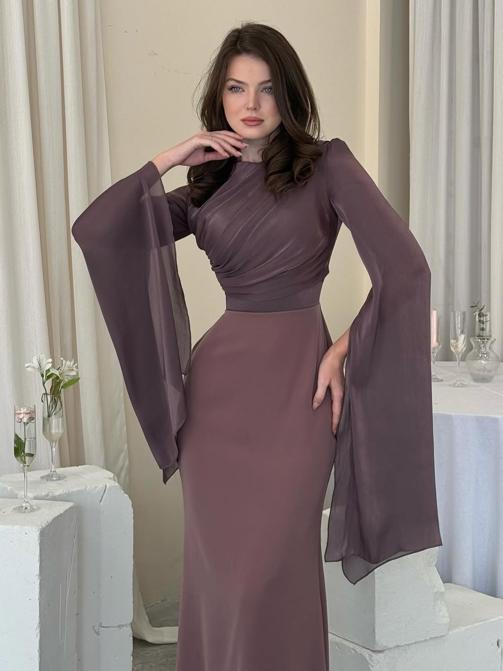 Robe Maxi Femme Plissée à Coupe Ajustée en Tissu Tissé