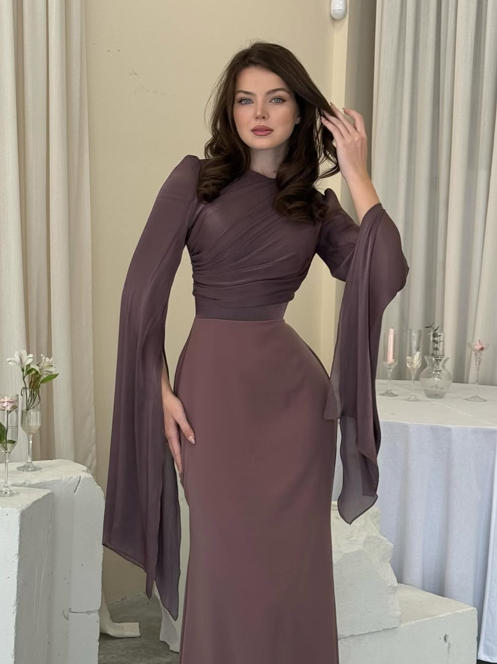 Robe Maxi Femme Plissée à Coupe Ajustée en Tissu Tissé