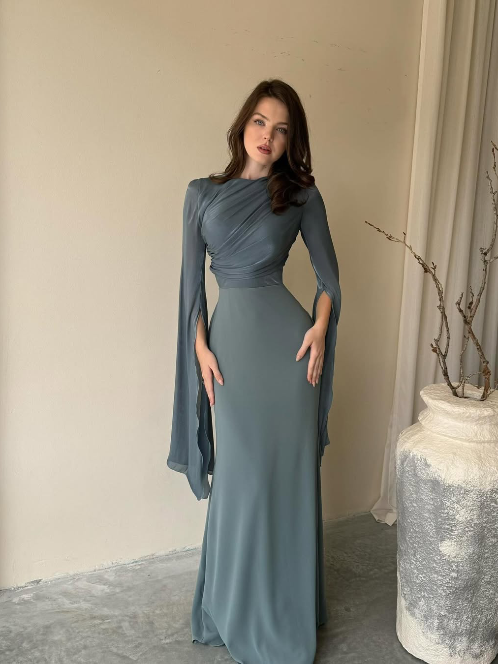 Robe Maxi Femme Plissée à Coupe Ajustée en Tissu Tissé