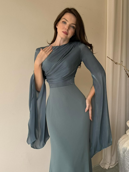 Robe Maxi Femme Plissée à Coupe Ajustée en Tissu Tissé