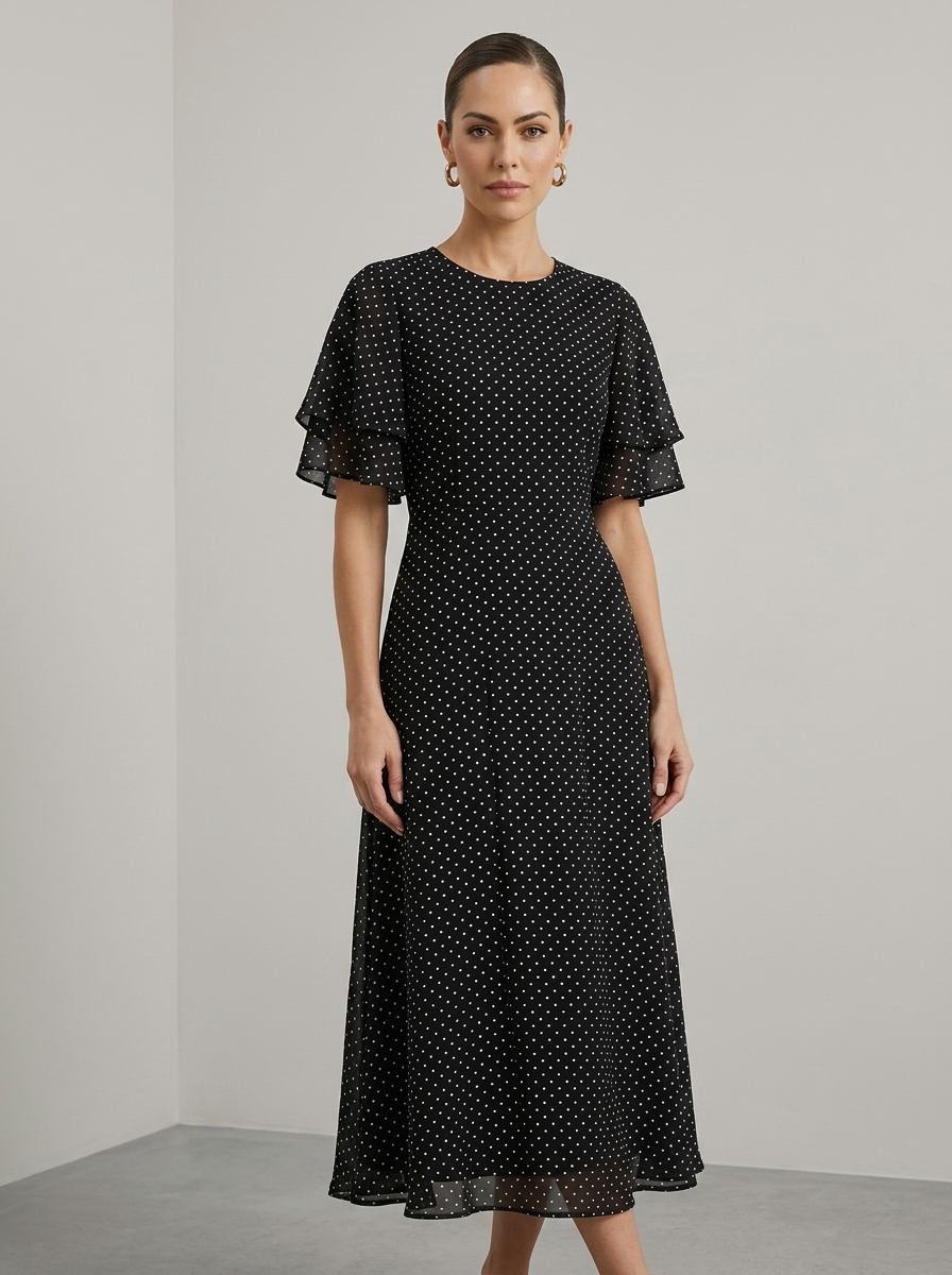Robe Longue Femme en Satin à Pois avec Taille Nouée