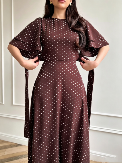 Robe Longue Femme en Satin à Pois avec Taille Nouée