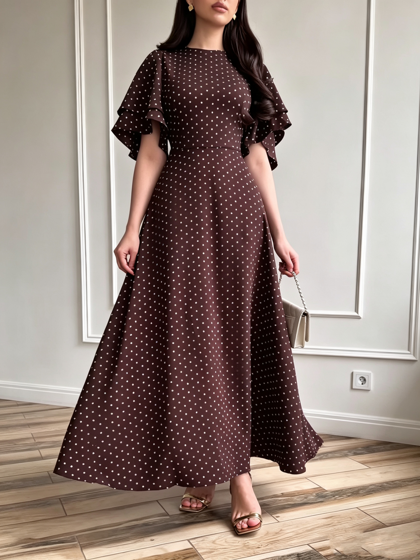 Robe Longue Femme en Satin à Pois avec Taille Nouée