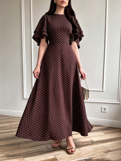 Robe Longue Femme en Satin à Pois avec Taille Nouée