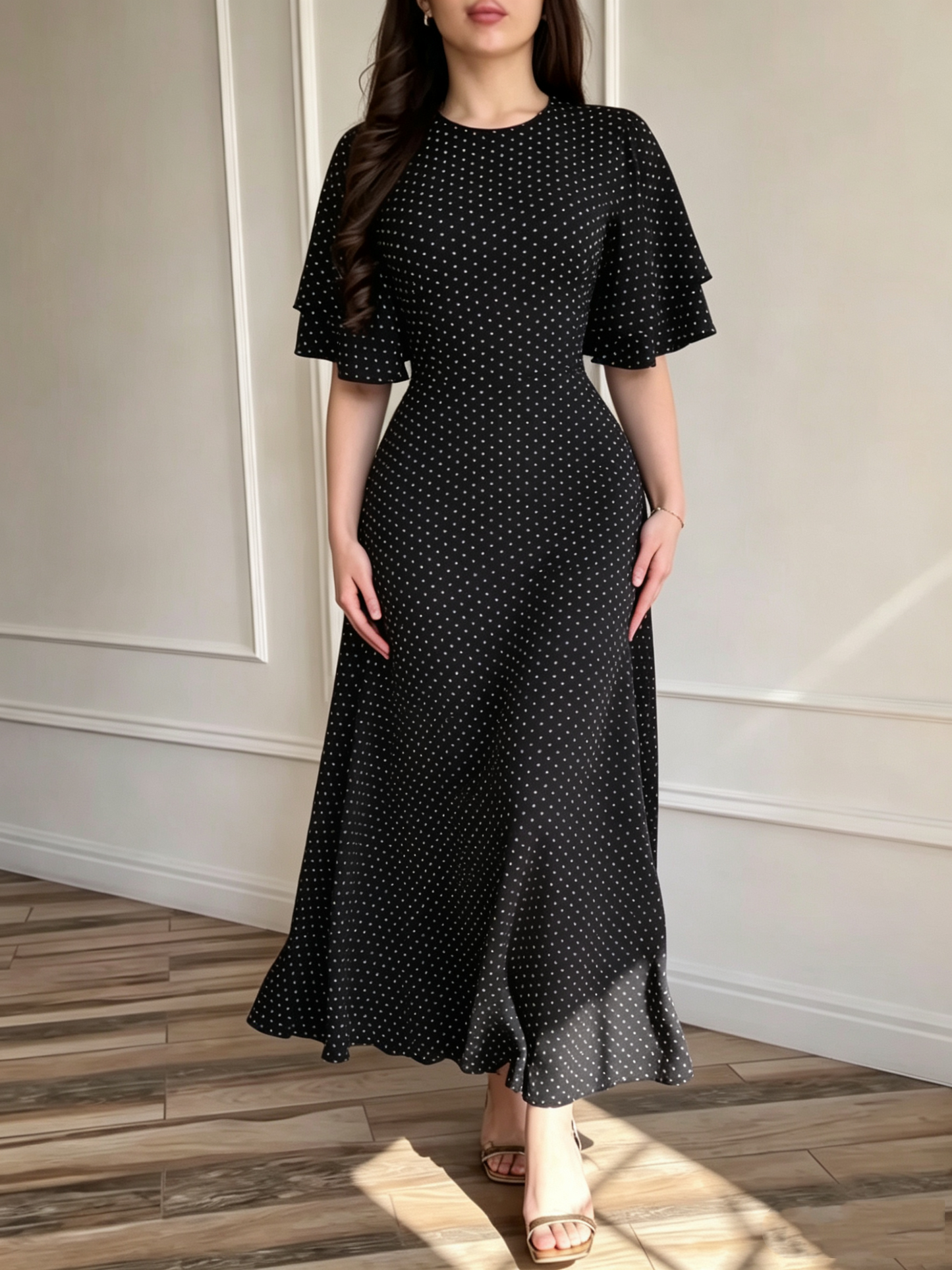 Robe Longue Femme en Satin à Pois avec Taille Nouée
