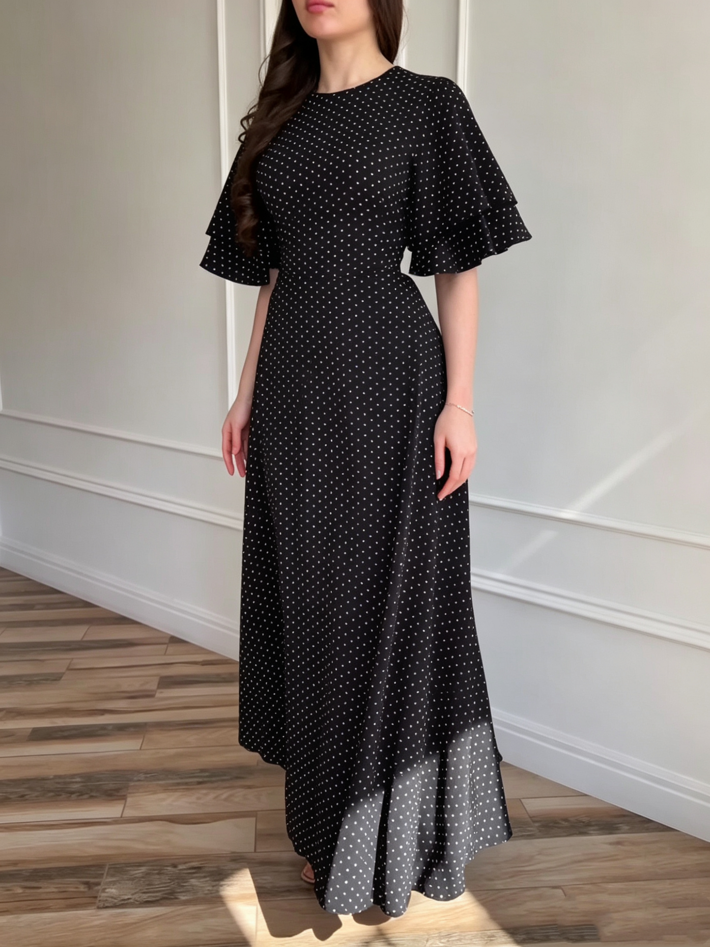 Robe Longue Femme en Satin à Pois avec Taille Nouée