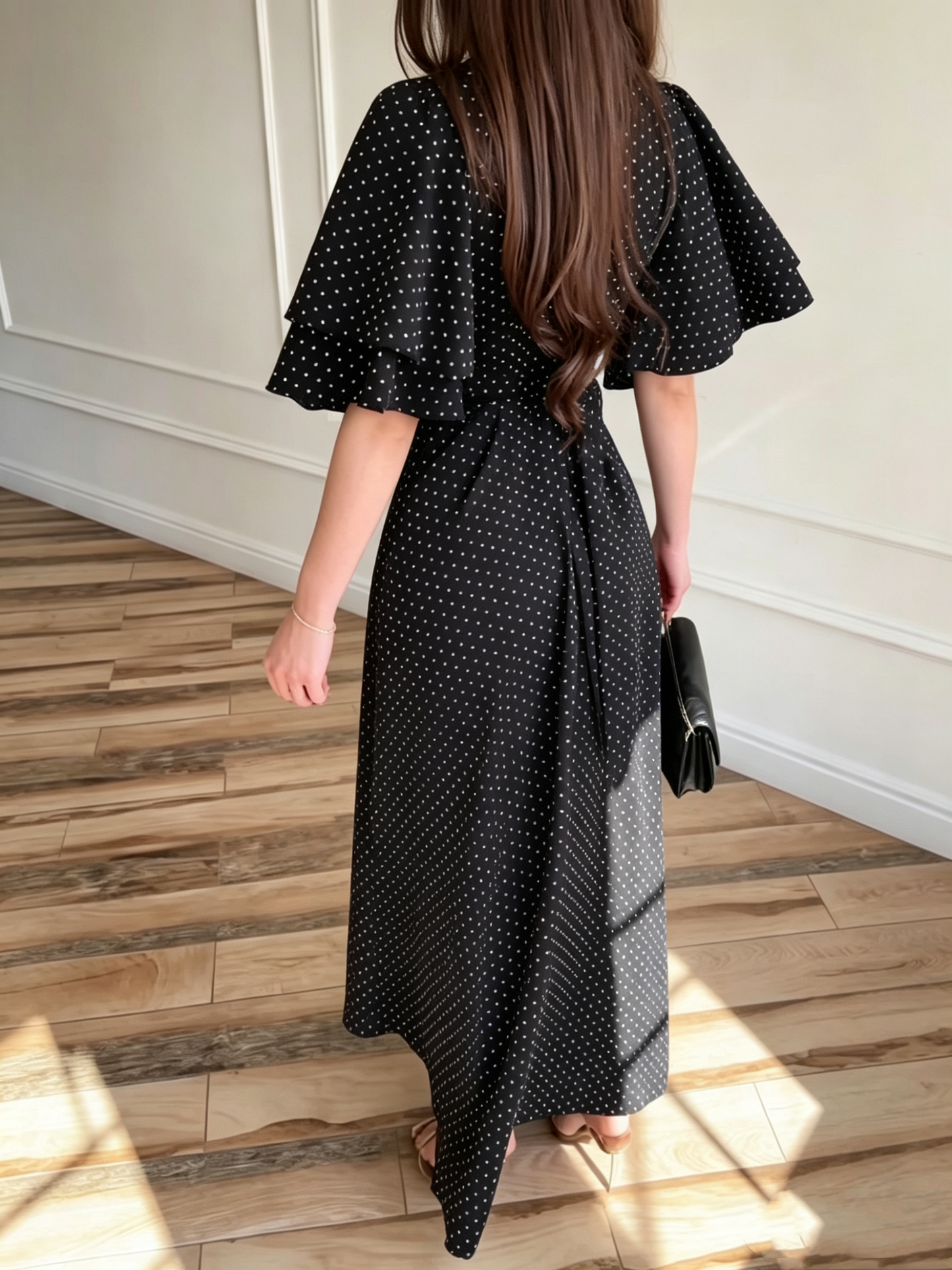 Robe Longue Femme en Satin à Pois avec Taille Nouée