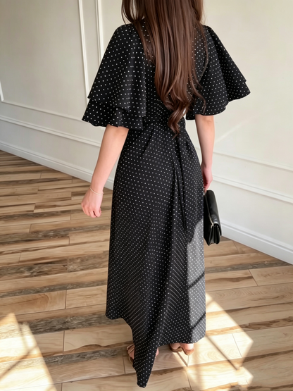 Robe Longue Femme en Satin à Pois avec Taille Nouée