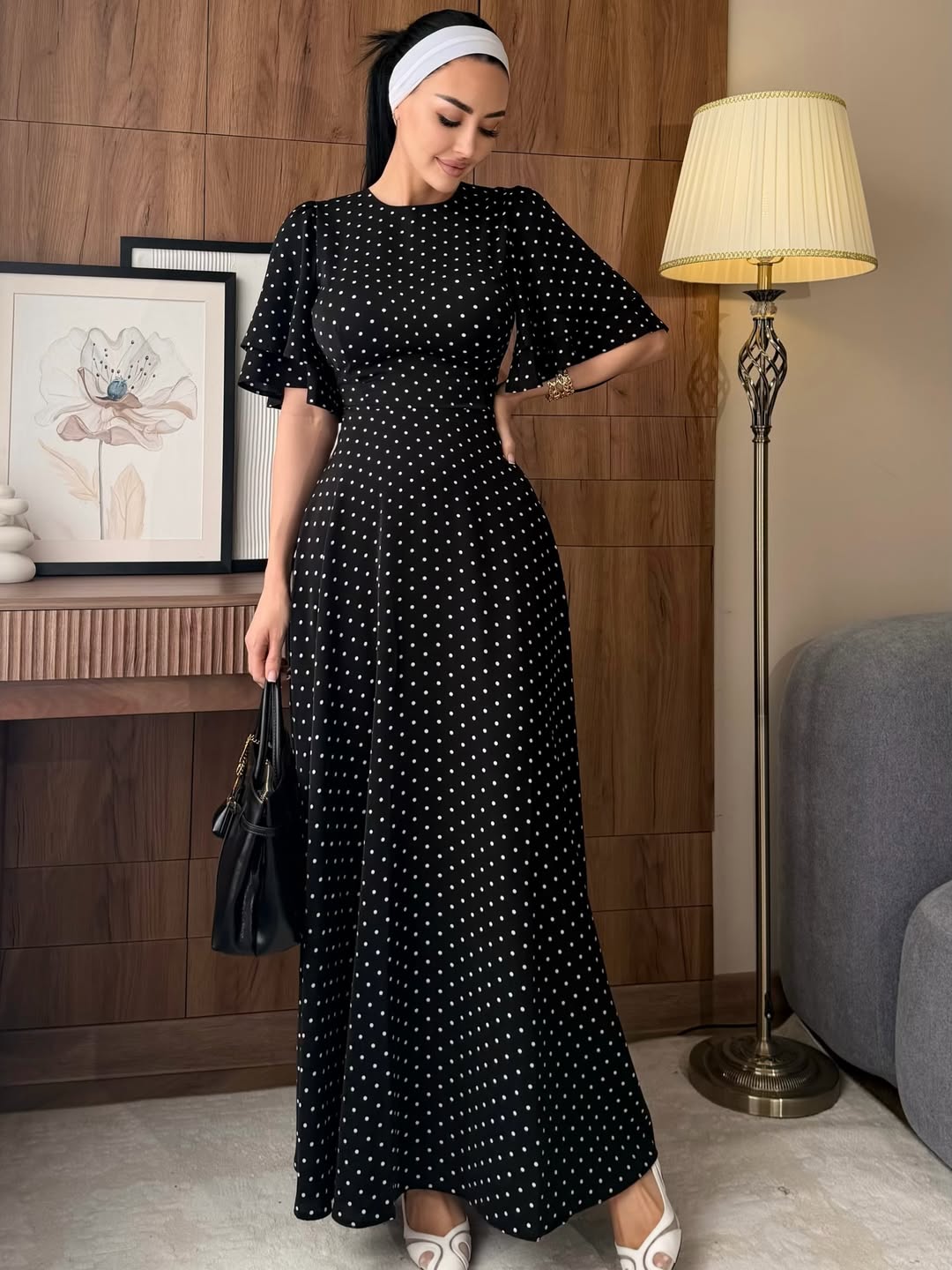 Robe Longue Femme en Satin à Pois avec Taille Nouée