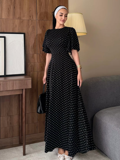Robe Longue Femme en Satin à Pois avec Taille Nouée