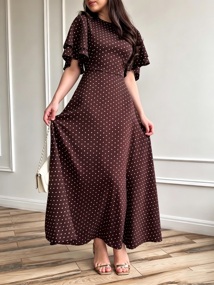 Robe Longue Femme en Satin à Pois avec Taille Nouée