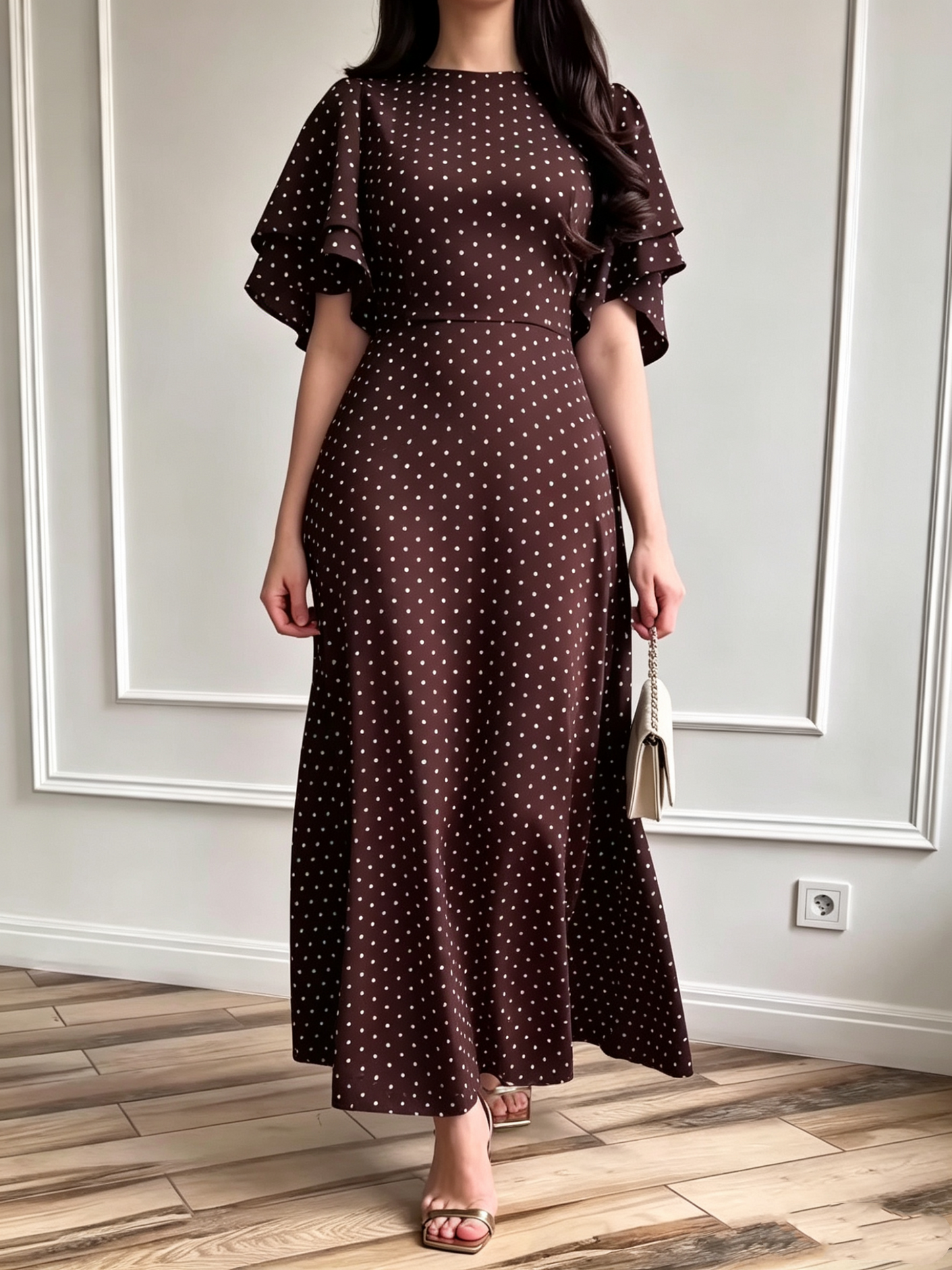 Robe Longue Femme en Satin à Pois avec Taille Nouée