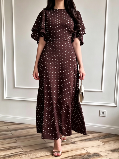 Robe Longue Femme en Satin à Pois avec Taille Nouée