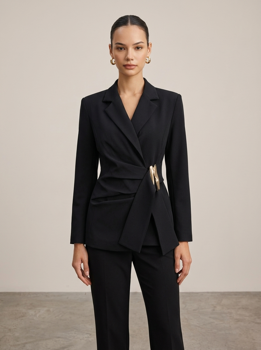 Blazer Femme Asymétrique Cintré à Revers Crantés, Fronces et Ornement Métallique