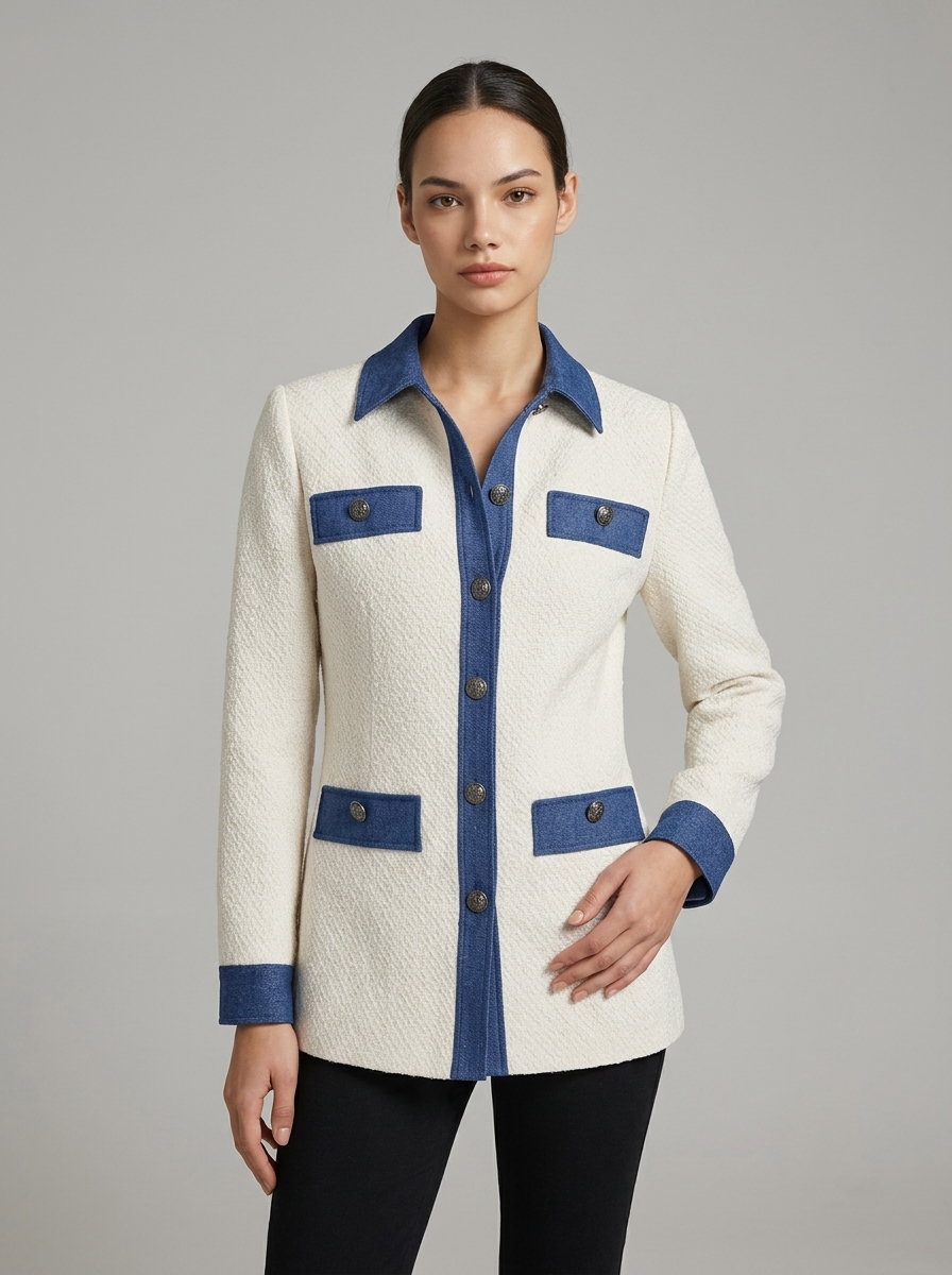 Blazer Patchwork en Tweed et Denim à Boutons, Coupe Ample