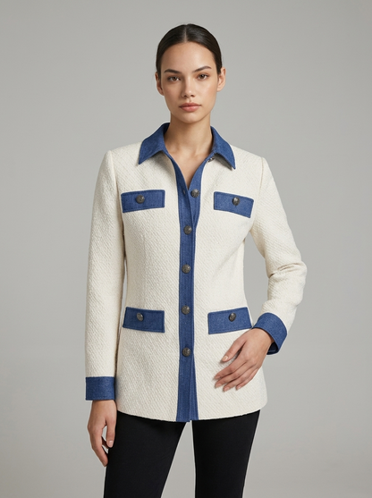 Blazer Patchwork en Tweed et Denim à Boutons, Coupe Ample
