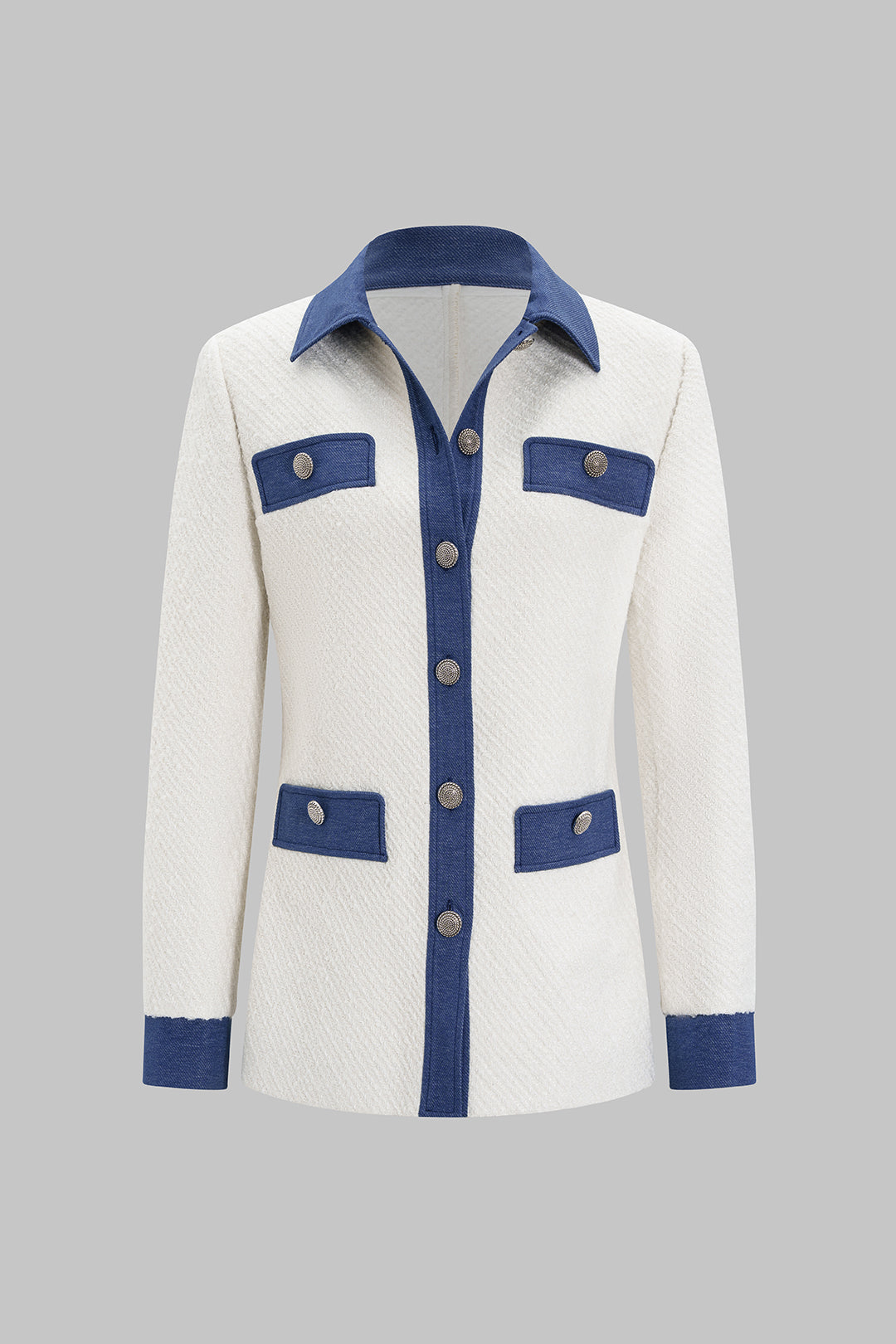 Blazer Patchwork en Tweed et Denim à Boutons, Coupe Ample
