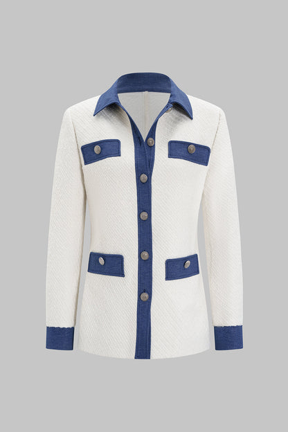 Blazer Patchwork en Tweed et Denim à Boutons, Coupe Ample