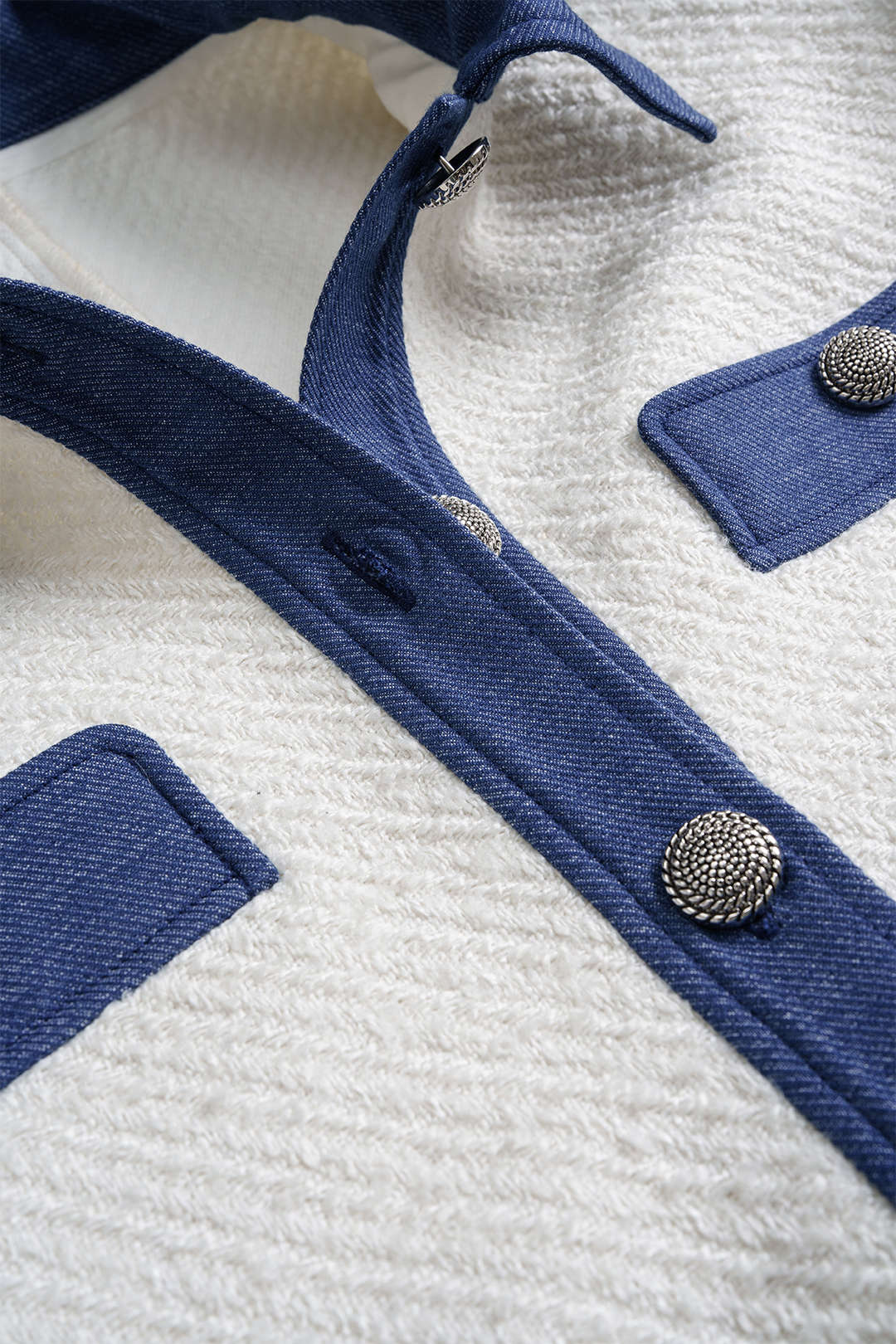 Blazer Patchwork en Tweed et Denim à Boutons, Coupe Ample