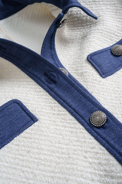 Blazer Patchwork en Tweed et Denim à Boutons, Coupe Ample