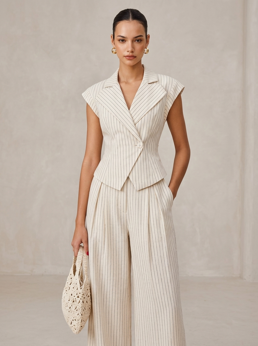 Ensemble Femme Blazer Rayé en Lin Mélangé à Revers Crantés et Dos Noué avec Pantalon Large