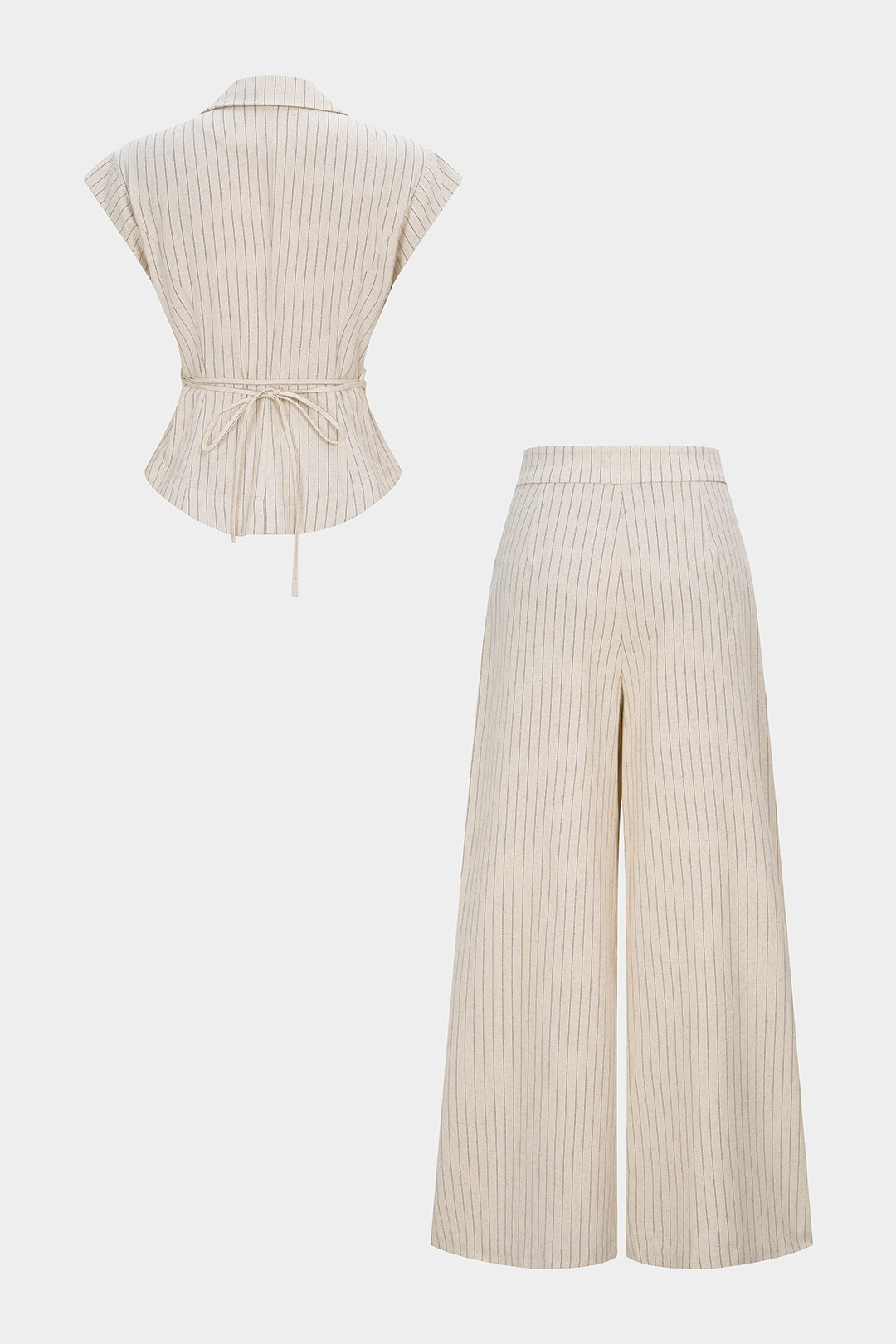 Ensemble Femme Blazer Rayé en Lin Mélangé à Revers Crantés et Dos Noué avec Pantalon Large