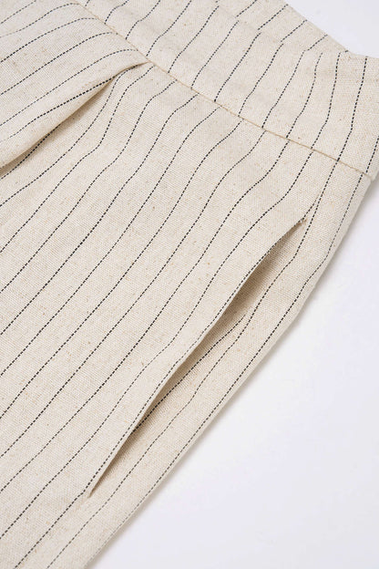Ensemble Femme Blazer Rayé en Lin Mélangé à Revers Crantés et Dos Noué avec Pantalon Large