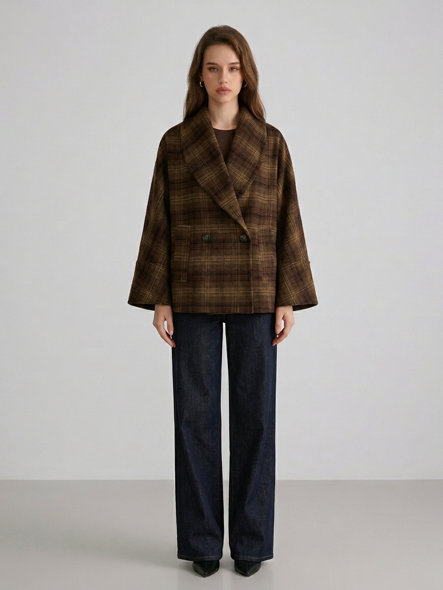 Ruœgy Manteau à Carreaux Oversize Femme