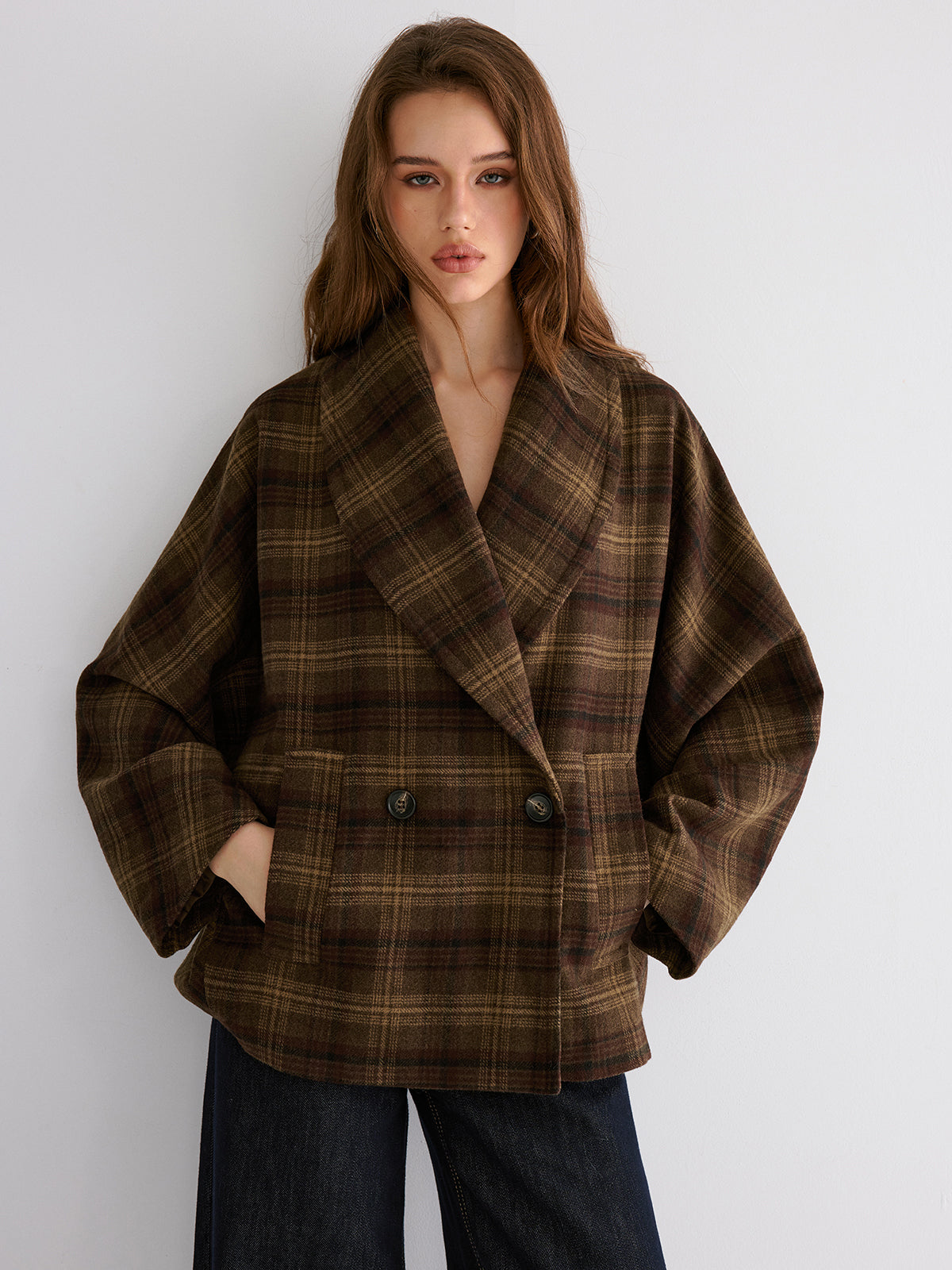 Ruœgy Manteau à Carreaux Oversize Femme