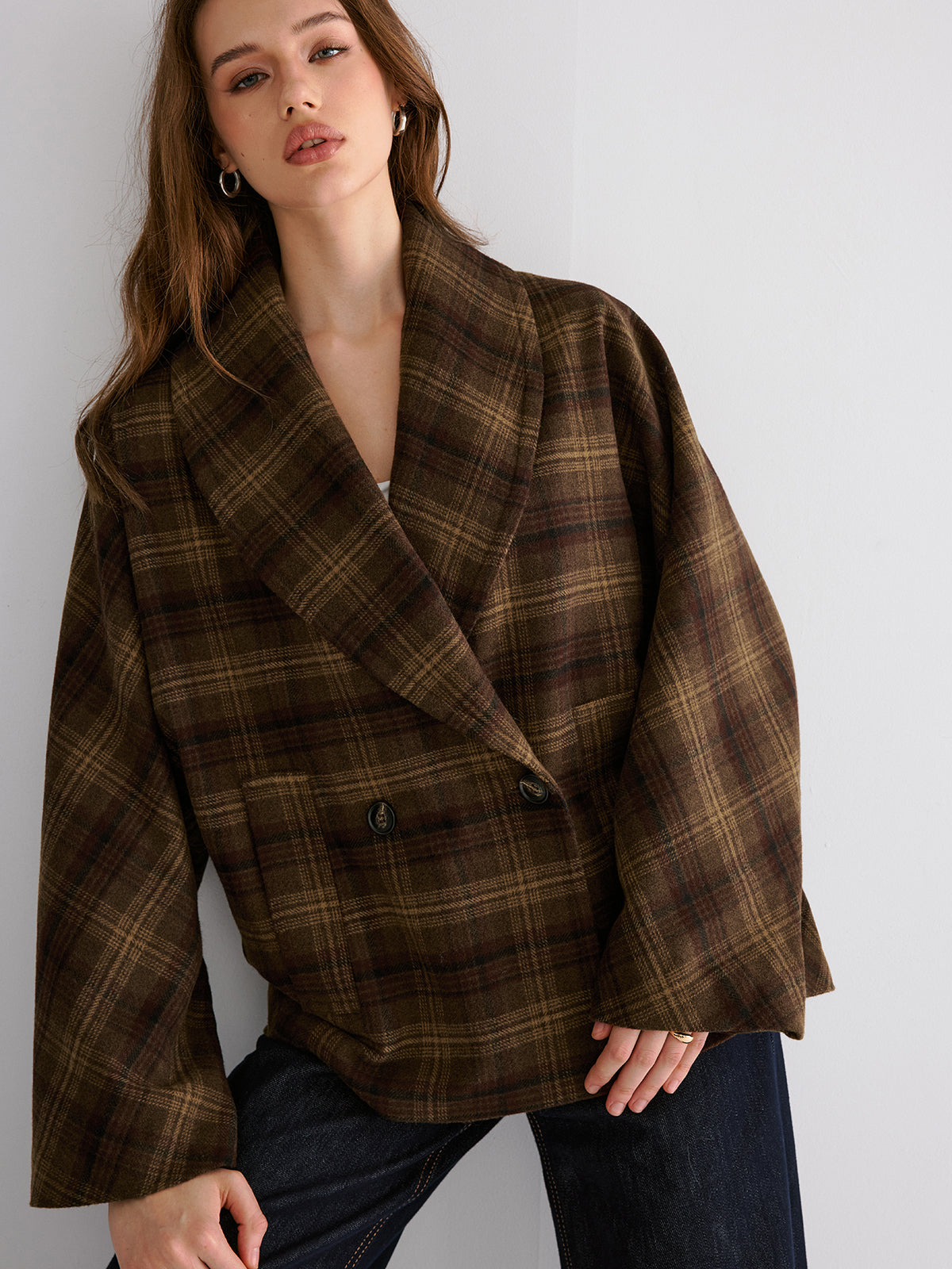 Ruœgy Manteau à Carreaux Oversize Femme