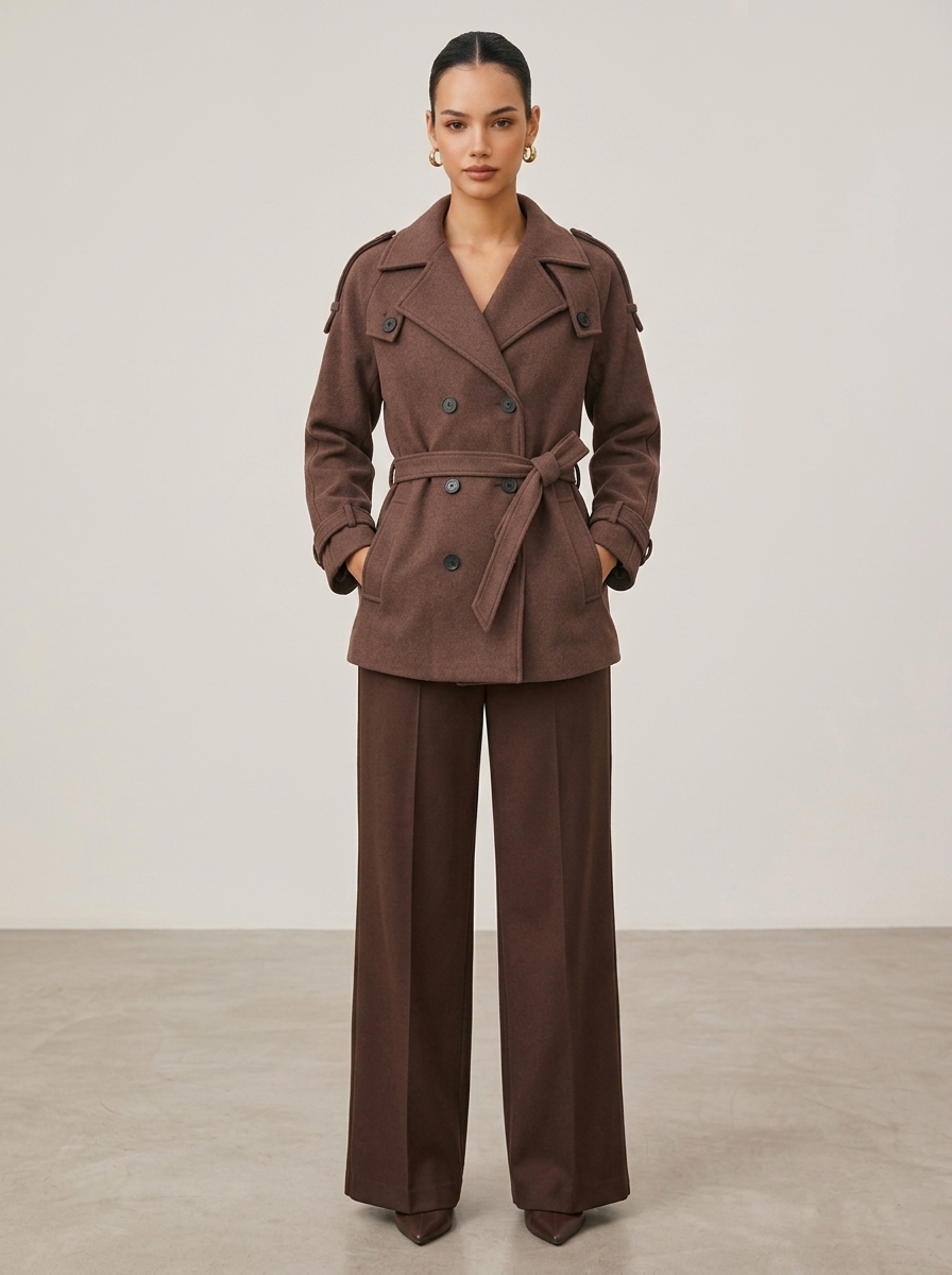 Manteau Croisé Femme en Tissu Effet Laine avec Boutons et Ceinture à Nouer