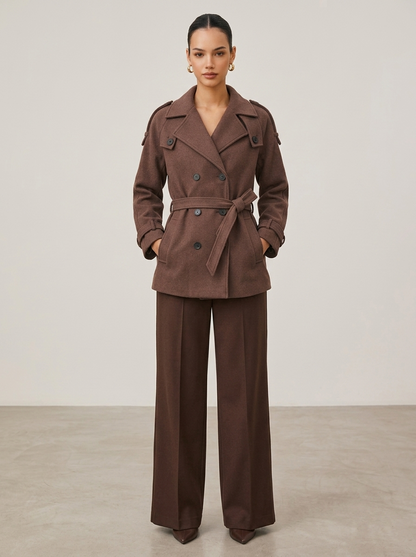 Manteau Croisé Femme en Tissu Effet Laine avec Boutons et Ceinture à Nouer