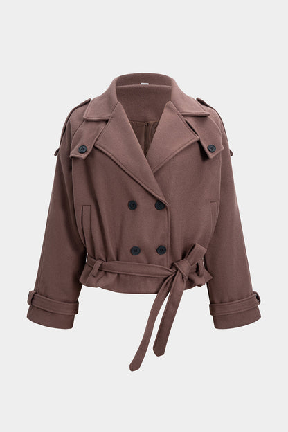 Manteau Croisé Femme en Tissu Effet Laine avec Boutons et Ceinture à Nouer