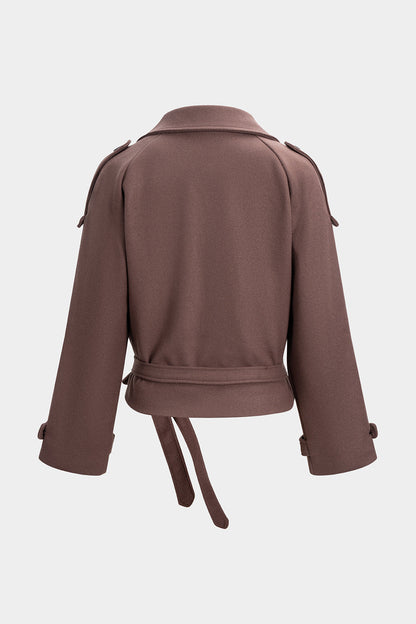 Manteau Croisé Femme en Tissu Effet Laine avec Boutons et Ceinture à Nouer