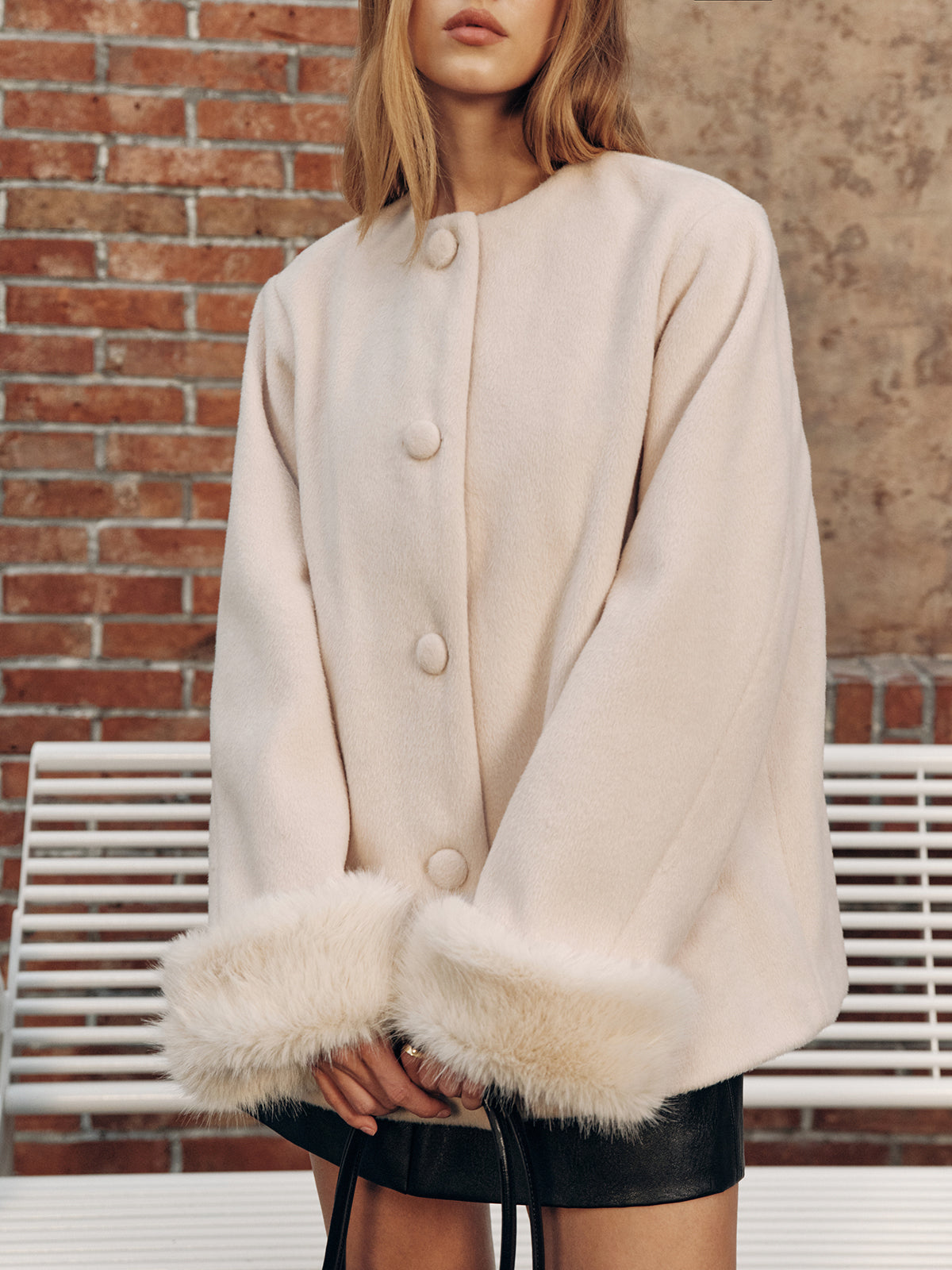 Ruœgy Manteau Laine Poignets Fourrure Femme
