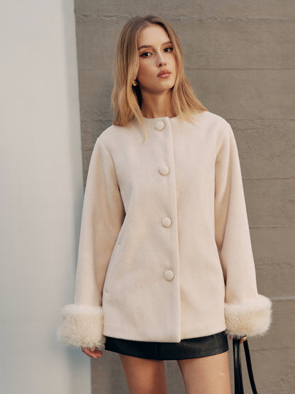 Ruœgy Manteau Laine Poignets Fourrure Femme