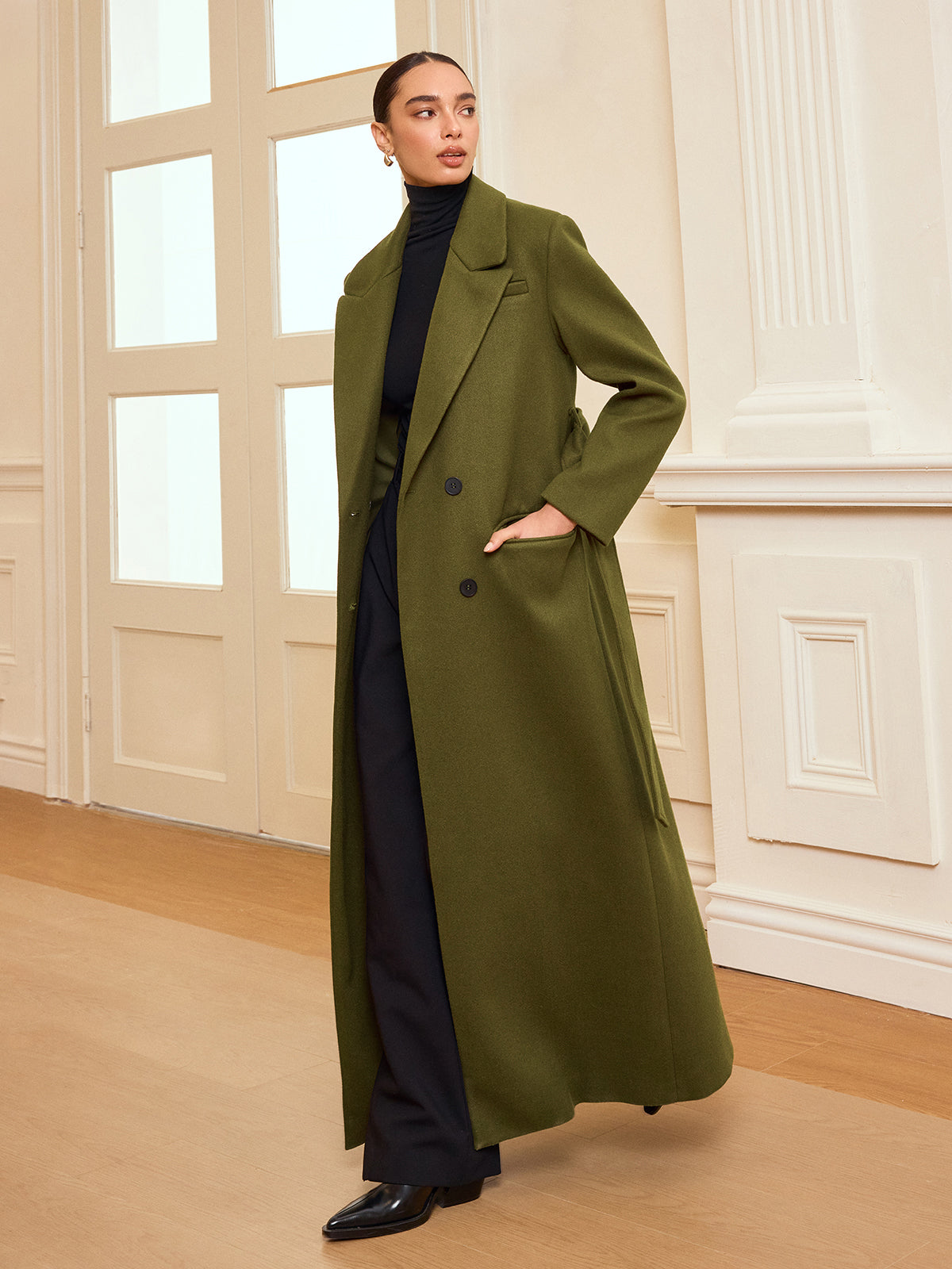 Ruœgy Manteau Long Croisé Ceinturé Femme