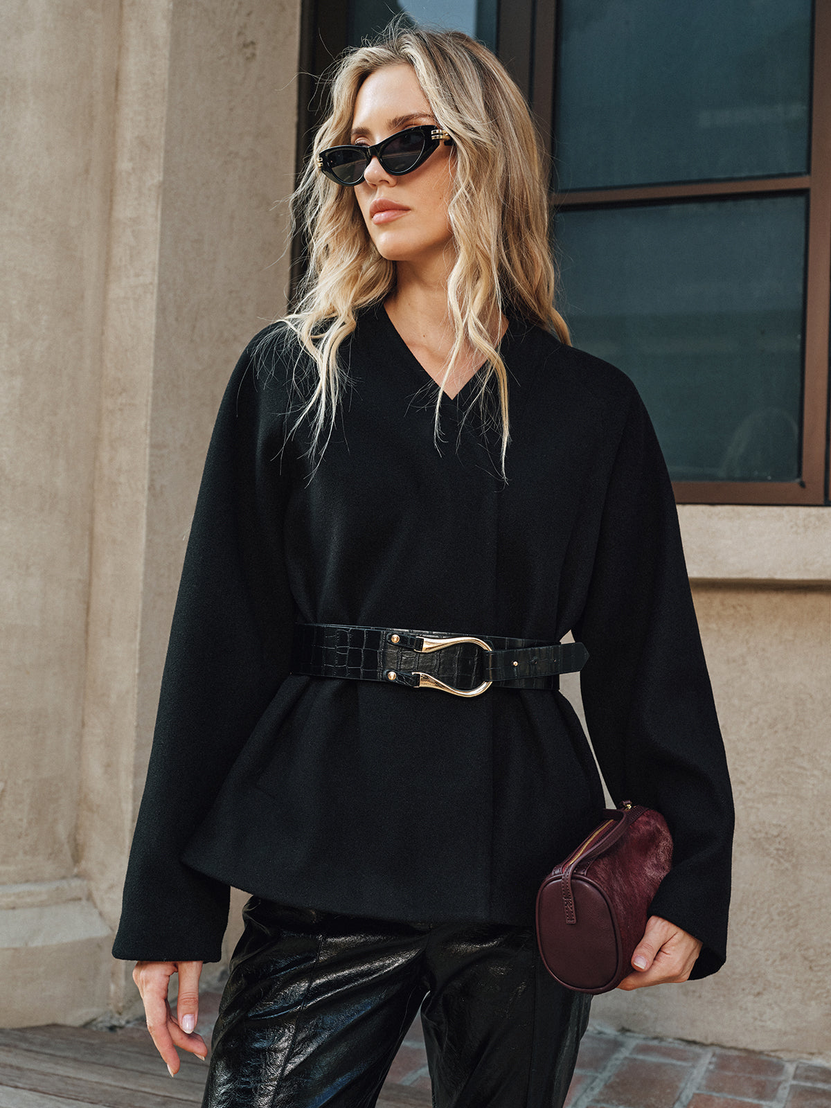 Ruœgy Manteau Ceinturé Femme Col V Chaud Femme